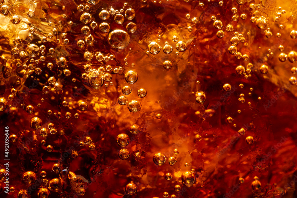 Detail of Cold Bubbly Carbonated Soft Drink with Ice  - obrazy, fototapety, plakaty 