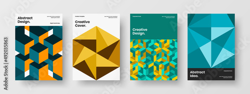 Unique geometric hexagons magazine cover template bundle. Clean flyer design vector layout set.