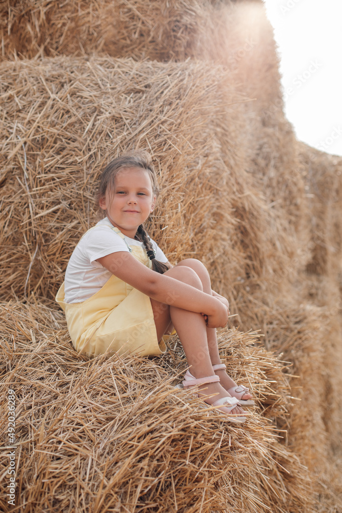 Portrait of peaceful pretty young girl on hayrick with smile and squinted eyes looking at camera and holding hay in hands wearing sundress. Having fun away from city on field full of golden hay. Portrait of peaceful pretty young girl on hayrick with smile and squinted eyes looking at camera and holding hay in hands wearing sundress. Having fun away from city on field full of golden hay.