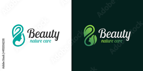 nature beauty woman logo design combined leaf icon vector symbol for salon, cosmetics, skin care logo template