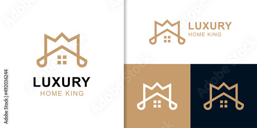 line King Queen Crown combine House Real Estate vector icon Building Apartment Premium Elegant Luxury simple logo design