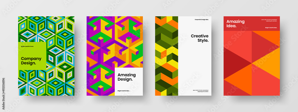 Amazing mosaic shapes magazine cover template set. Abstract company identity design vector layout collection.
