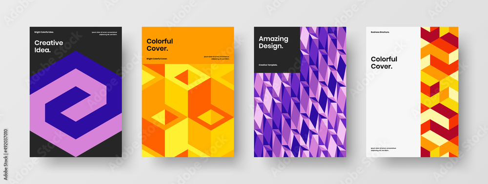 Colorful geometric tiles handbill template collection. Vivid book cover A4 vector design concept composition.