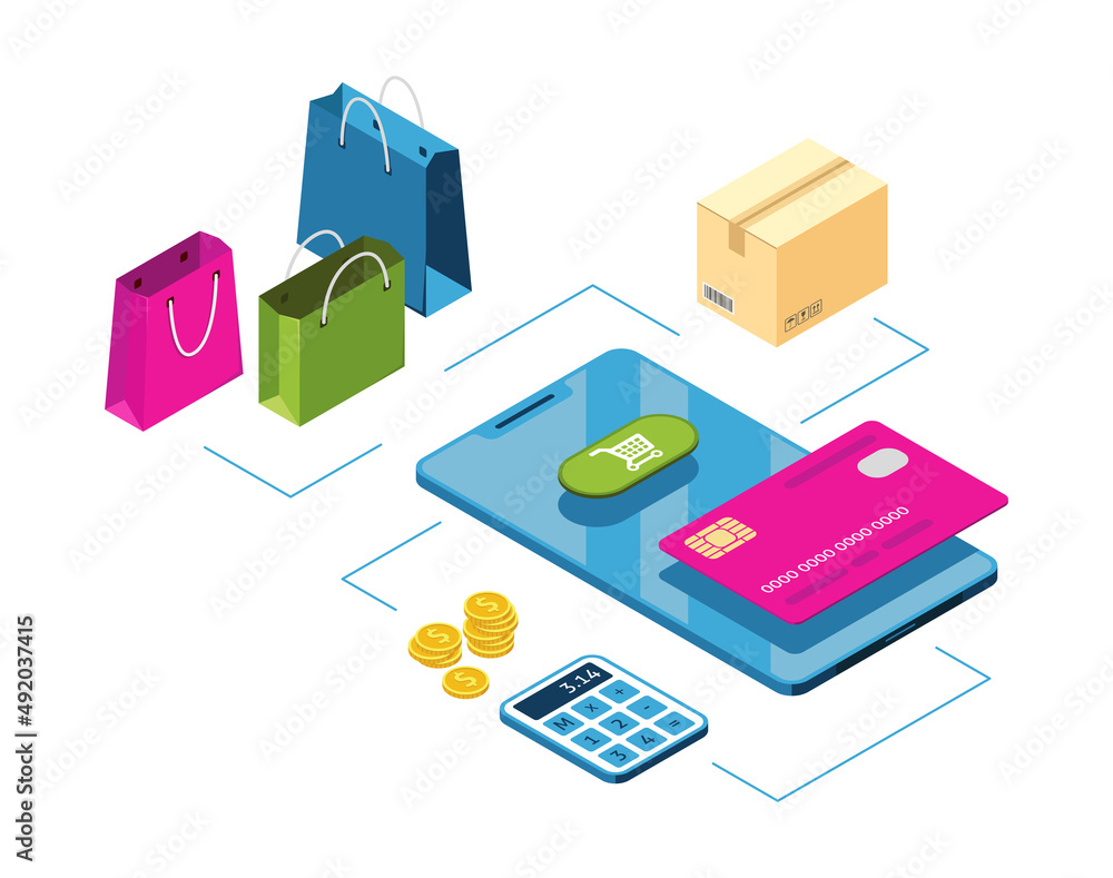 Vector isometric illustration, shopping in your smartphone. Shopping with credit card, online technology. Payment for parcels, goods