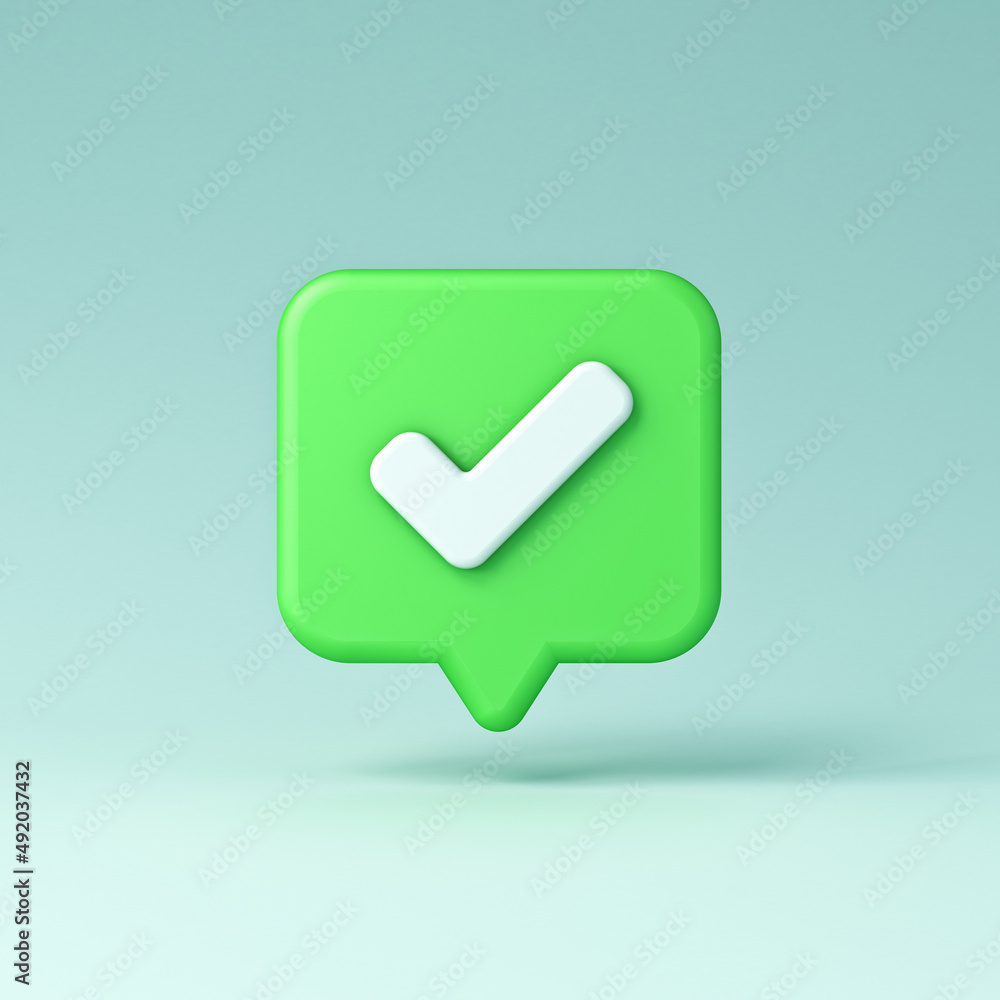 3d check mark icon on green speech bubble pin isolated on light blue green cyan pastel color background with shadow 3D rendering 3d check mark icon on green speech bubble pin isolated on light blue green cyan pastel color background with shadow 3D rendering