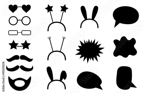 A set of black mustaches, glasses, headbands and speech bubbles. Photo booth party elements. Isolated icons, silhouettes. Vector illustration.