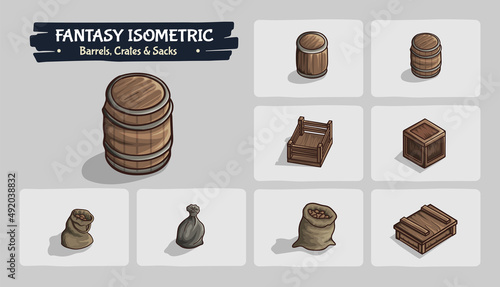 Barrels, Crates and Sacks Fantasy game assets - Isometric Vector Illustration