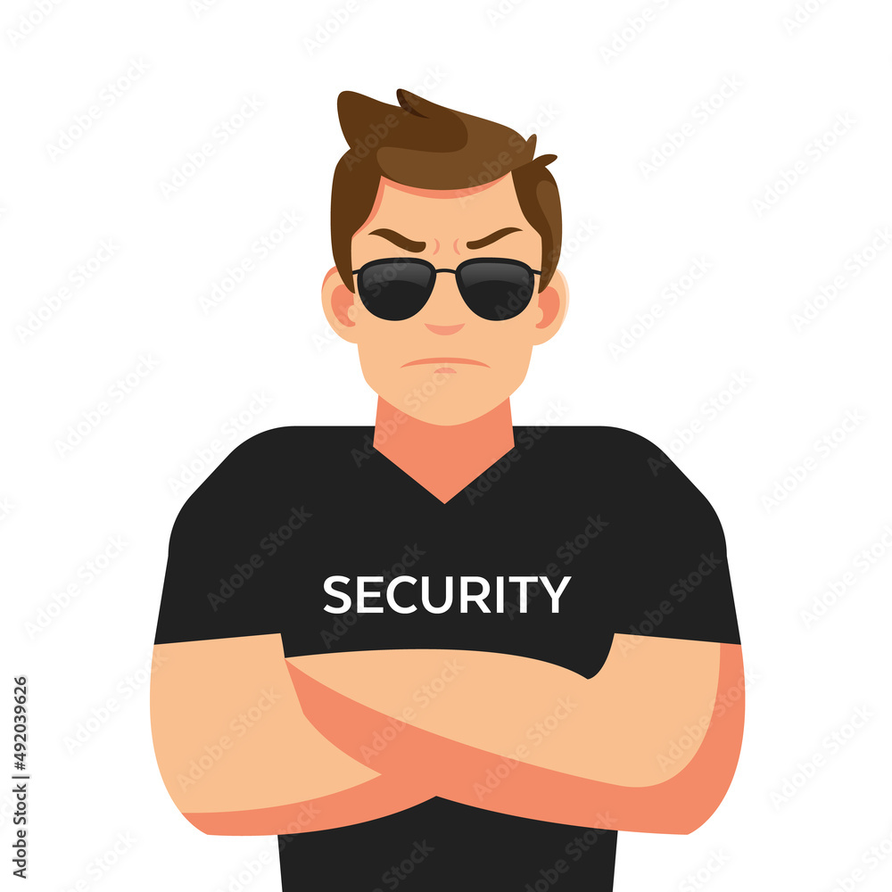 Man security guard of night club. Security man isolated on white background. Vector stock.