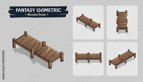 Wooden Docks Fantasy game assets - Isometric Vector Illustration