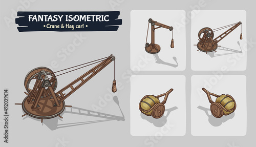 Cart, Crane Fantasy game assets - Isometric Vector Illustration