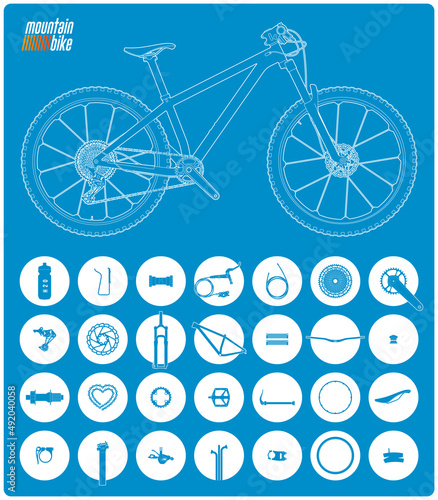 Vector white line infographics mountain bike list of components of which it consists. Blue background.