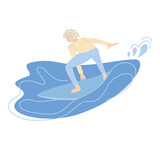 Man surfer rides on wave. Happy wave rider in swimwear on surfboard. Summer water activity