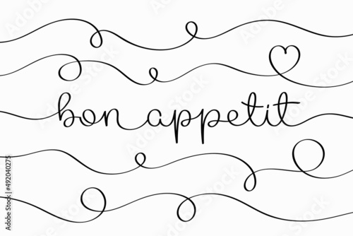 Bon Appetit lettering. Vector illustration of creative typography with continuous one line hand drawn text isolated on white background for your design