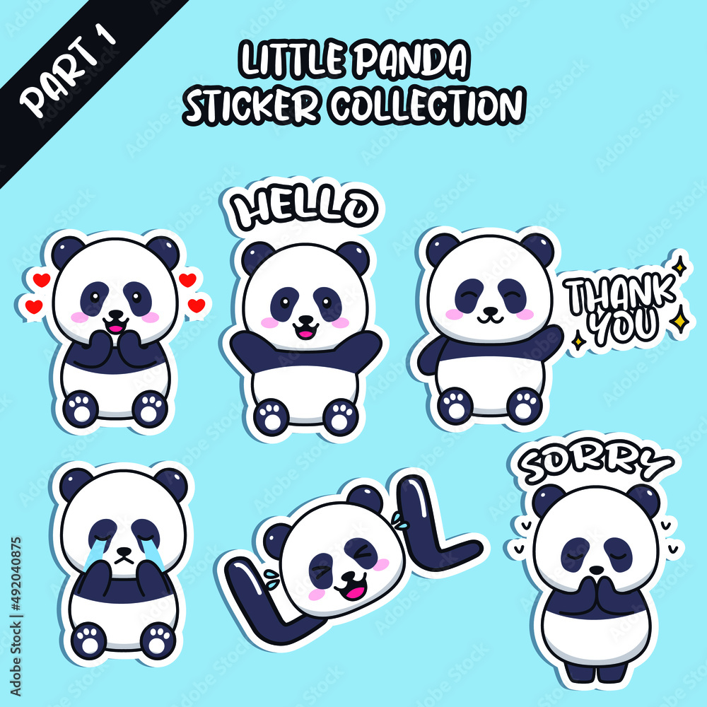 Obraz premium Set of social media emoji little panda sticker collection animal emoticon