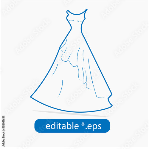 Women wedding dress in hand drawing style blue outline isolated, icon, vector