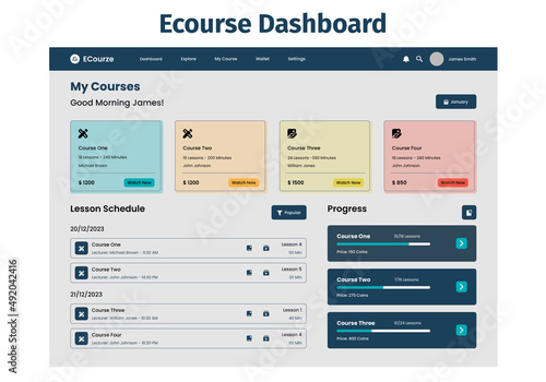 Course Dashboard design UI Kit. Desktop app with UI. Use for web application or website. Learning Dashboard.