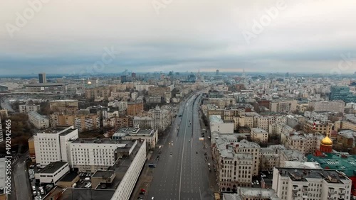 Central Highway of Moscow. Garden ring, Sadovoye Koltso in Moscow in cloudy weather. Empty Moscow. Aerial view photo