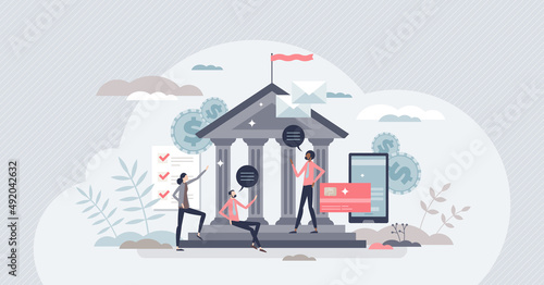 Government officials and national public building workers tiny person concept. Democratic community labor work in federal house vector illustration. Legal finance and economic ministry bank workers. photo