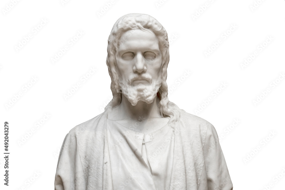 Close-up of marble statue of Jesus isolated on white Close-up of marble statue of Jesus isolated on white