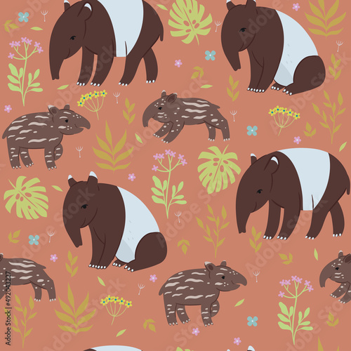 Seamless pattern with tapirs and flowers. Vector graphics.