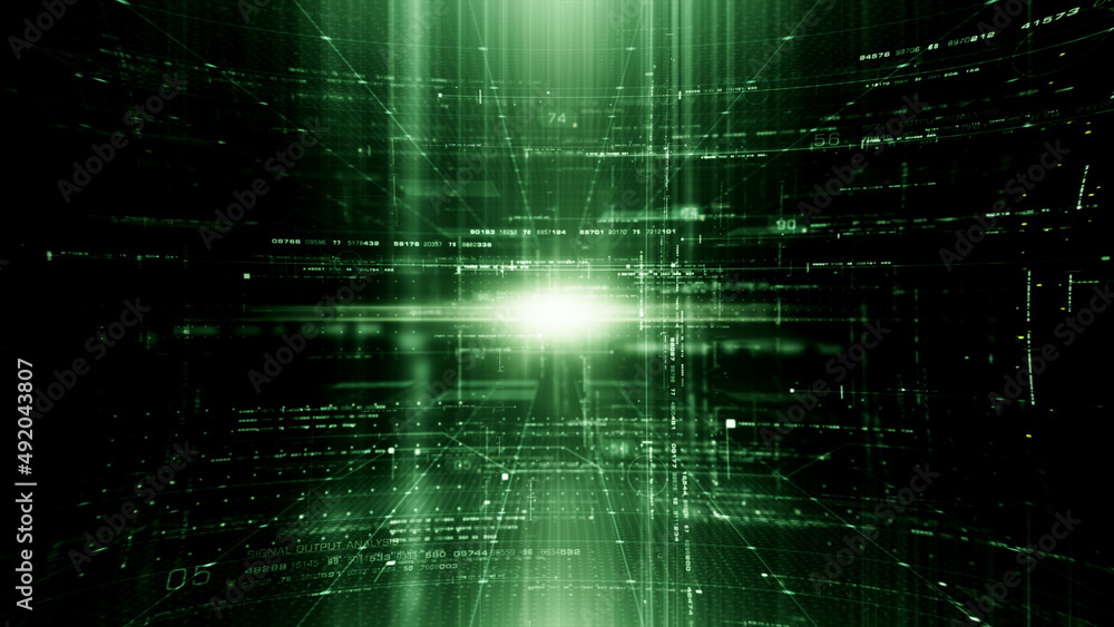 Futuristic cryptographic matrix blockchain data simulation, performing analytic computational mining concept. Futuristic cryptographic matrix blockchain data simulation, performing analytic computational mining concept.