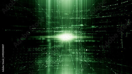 Futuristic cryptographic matrix blockchain data simulation  performing analytic computational mining concept.