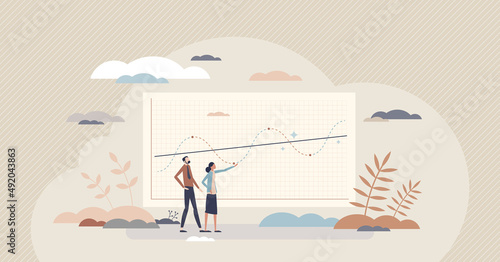 Economic cycle and stock market financial oscillation tiny person concept. Recession and expansion stages with peak and trough points on linear graph vector illustration. Curved process analysis. © VectorMine