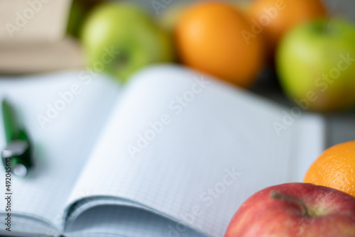 planner and different healthy products on background