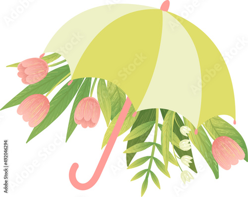 Blooming Pink Tulip with Green Leaves and Open Umbrella as Spring Flower Bunch