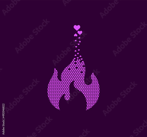 Heart fire points pixel logo. Fire, romantic and heart symbols. Heart sign pixel up. Hearts are filled with a sign of interest. Complementary and integrative pixel movement.