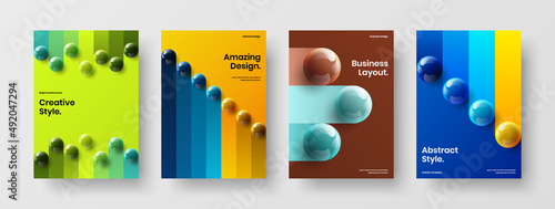 Modern 3D spheres annual report illustration bundle. Isolated company brochure vector design layout collection.