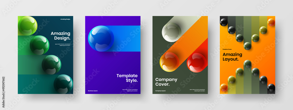 Clean realistic balls presentation concept set. Multicolored leaflet A4 vector design illustration composition.