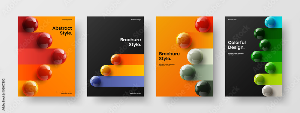 Creative realistic spheres corporate identity template collection. Bright book cover A4 vector design concept bundle.