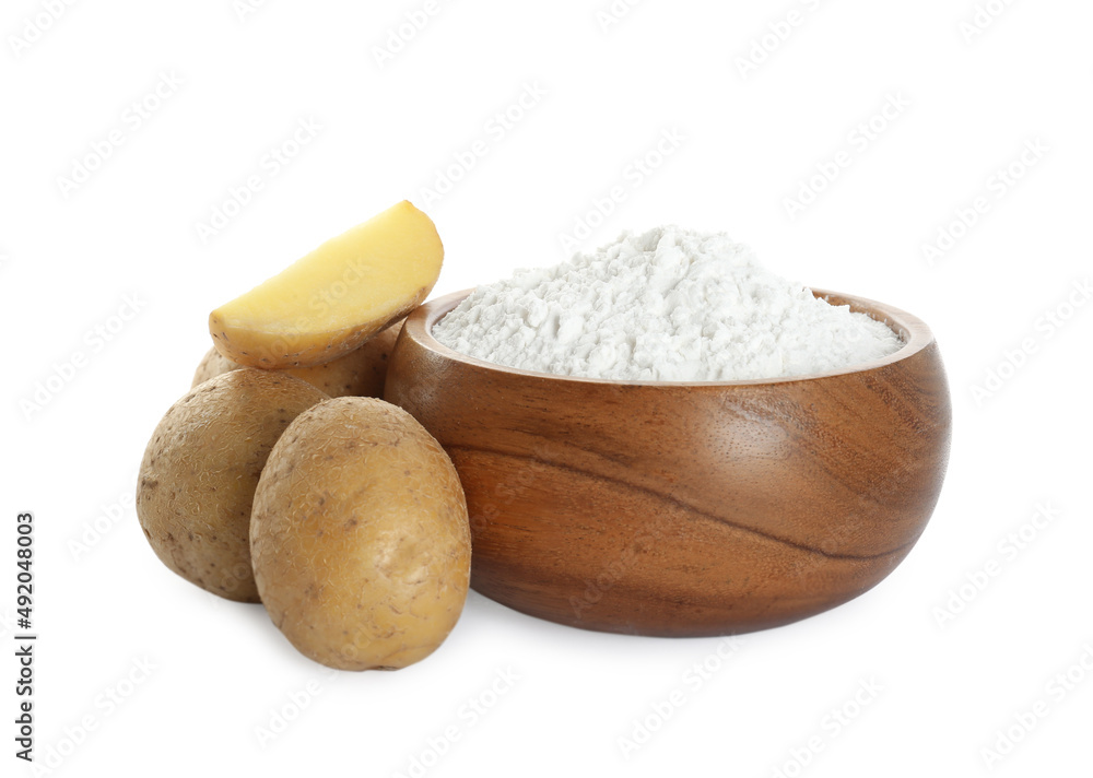 Wooden bowl with starch and fresh potatoes on white background Wooden bowl with starch and fresh potatoes on white background