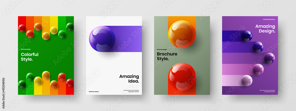 Geometric realistic spheres cover concept composition. Premium pamphlet A4 vector design illustration bundle.