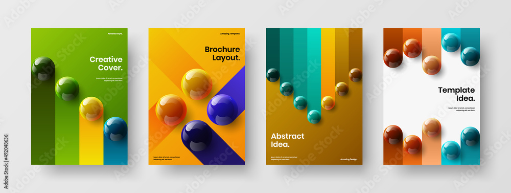 Creative realistic balls annual report illustration set. Isolated corporate cover A4 design vector concept composition.