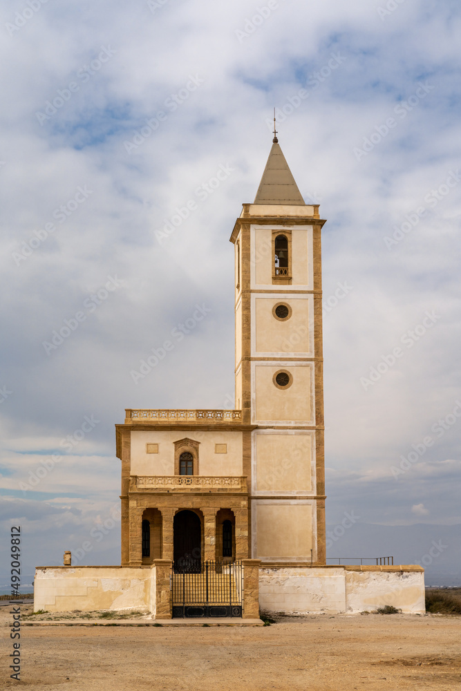 view of the historic beachfront church in Almadraba de Monteleva view of the historic beachfront church in Almadraba de Monteleva