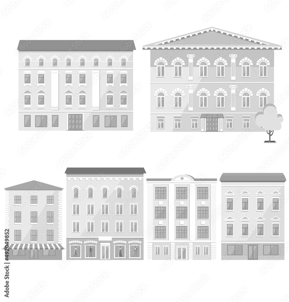 Set of classic building, front view. Isolated on white background. Vector illustration