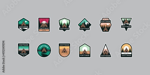 set bundle of vector cabin or cottage adventure outdoor logo illustration design, cabin cottage camp badge design