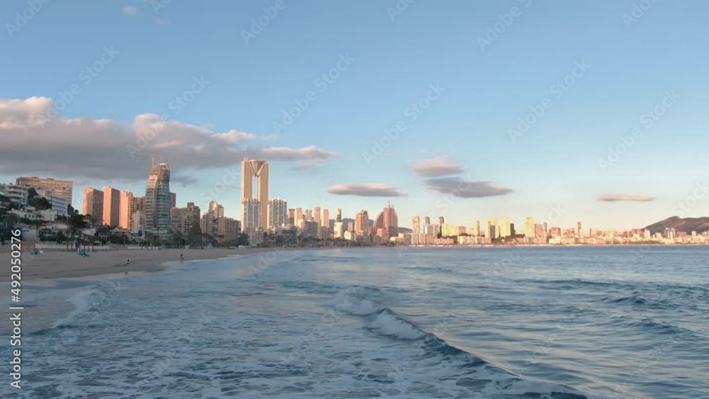 Aerial drone view of Benidorm skyline skyscrapers buildings and tourists beach, Poniente beach, Spain Alicante Aerial drone view of Benidorm skyline skyscrapers buildings and tourists beach, Poniente beach, Spain Alicante