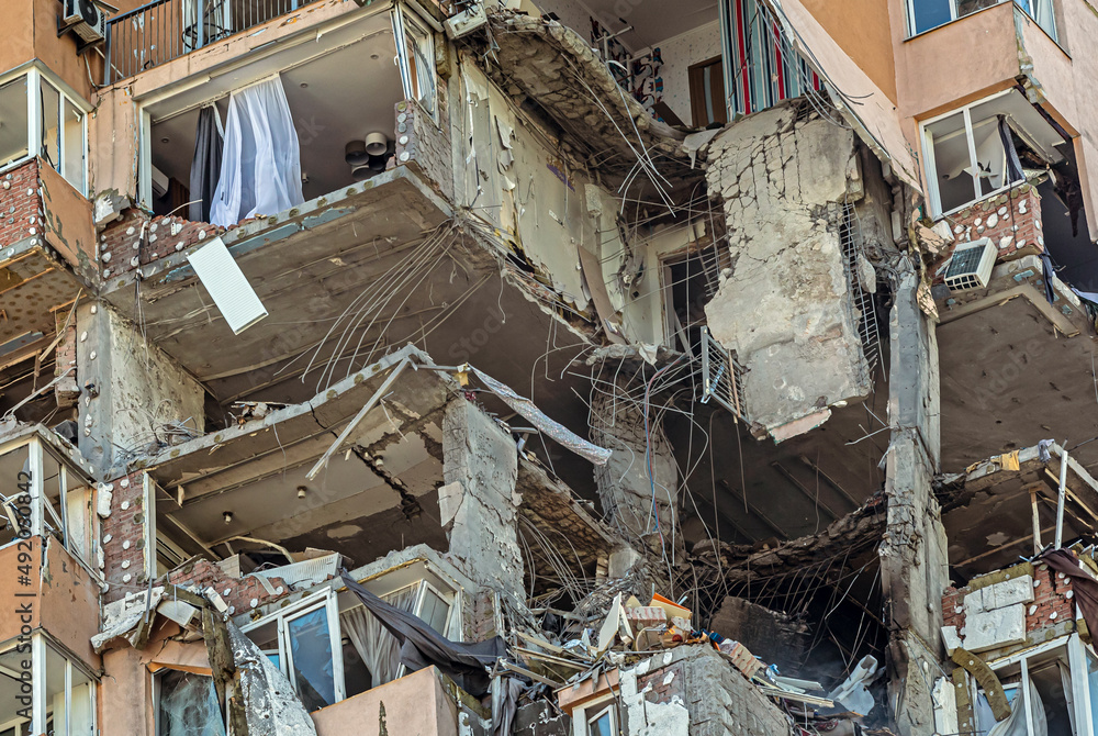 War of Russia against Ukraine. Building damaged by Russian rocket