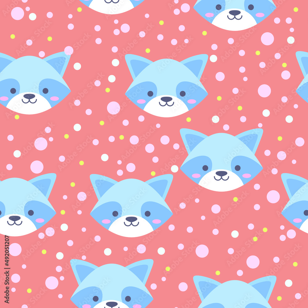 pattern with blue raccoon. raccoon head in a seamless pattern. vector illustration, eps 10.