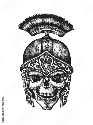 Roman Legionary Centurion Warrior Skull Wearing Imperial Gallic Helmet. Print or Tattoo Design. Hand Drawn Vector Illustration