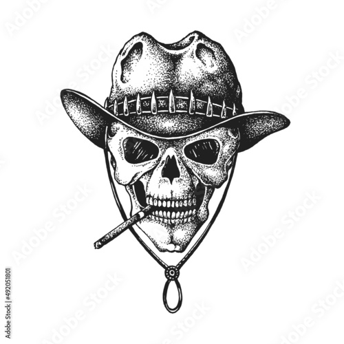 Jungle Hunter Safari Skull Wearing Poacher Hat and Smoking Cigarette. Print or Tattoo Design. Hand Drawn Vector Illustration