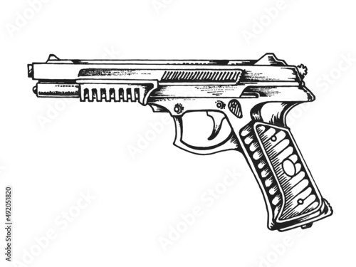 Special Ops Commando Pistol Gun. Print or Tattoo Design. Hand Drawn Vector Illustration