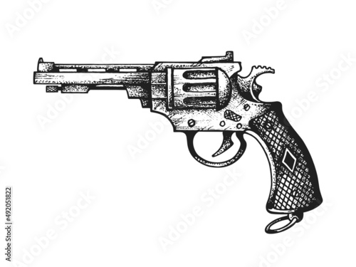 Hunter Revolver Pistol Gun. Print or Tattoo Design. Hand Drawn Vector Illustration