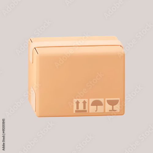 3D cardboard closed box icon with symbols isolated on gray background. Render delivery cargo box with fragile care sign symbol, handling with care, protection from water rain. 3d realistic vector