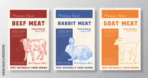 Premium Finest Meat Vector Packaging Product Label Design Collection Retro Typography and Hand Drawn Cow, Rabbit and Goat Sketch Silhouettes Background Layouts Set
