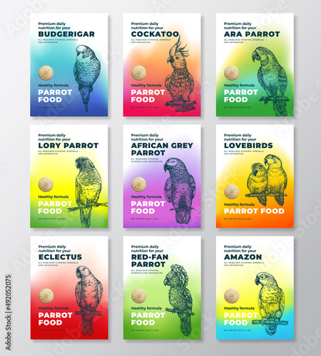 Pet Bird Food Product Label Templates Set. Abstract Vector Packaging Design Layouts. Modern Typography Banners with Hand Drawn Parrots Illustrations Backgrounds Collection Isolated