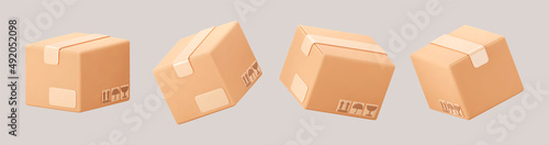 3D cardboard closed box icon set with symbols isolated on gray background. Render delivery cargo box with fragile care sign symbol, handling with care, protection from water rain. 3d realistic vector.